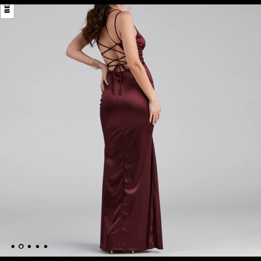 Burgundy prom dress.